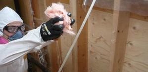Water Damage RemediationTechnician Cleaning Up Soaked Insulation