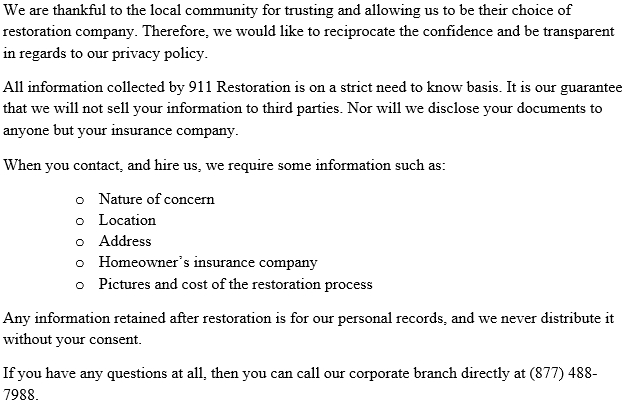 The Privacy Policy of 911 Restoration Long Island 